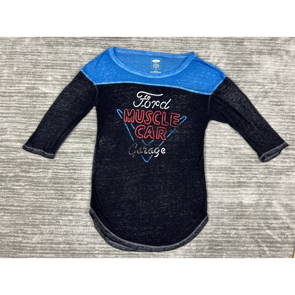 Ford T-Shirt Womens Medium Black‎ Blue Muscle Car Garage Graphic 3/4 Sleeve Tee